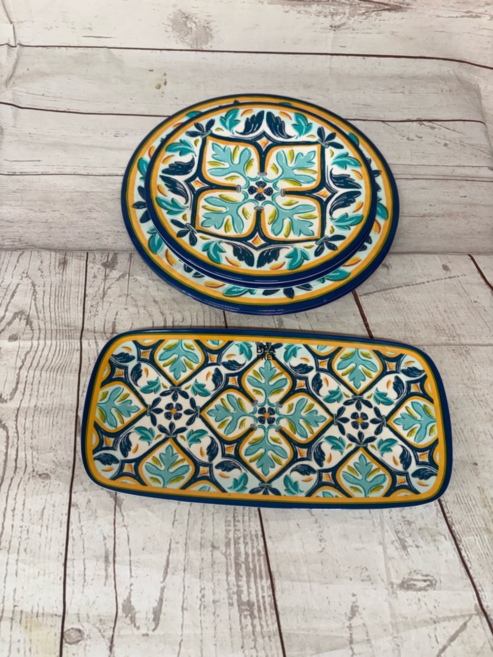 Set of 5 Bobby Flay Melamine Plates Blue Yellow Teal Floral Hammer Finish